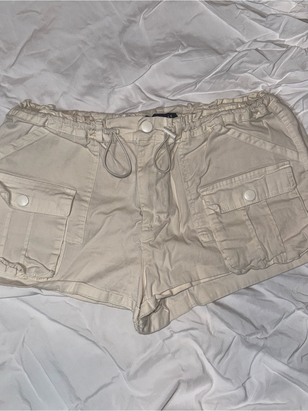 Cream Utility Cargo Shorts with Elastic Waist